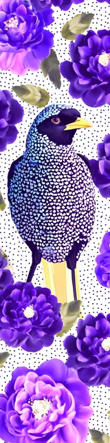 Free purple bookmark featuring a bird hanging out in flowers
